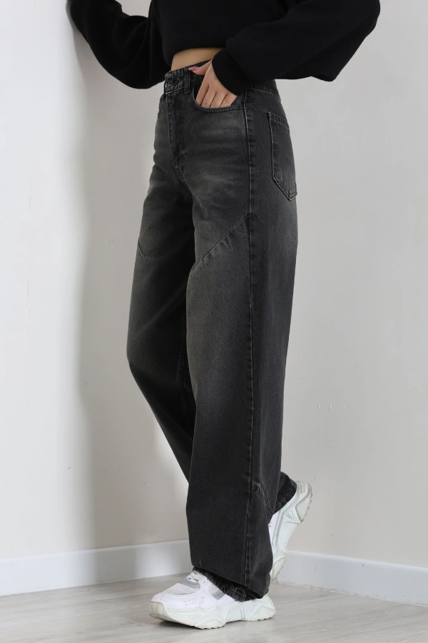 Kadın Füme Tokalı Baggy Fit Yüksek Bel Kot Pantolon 3