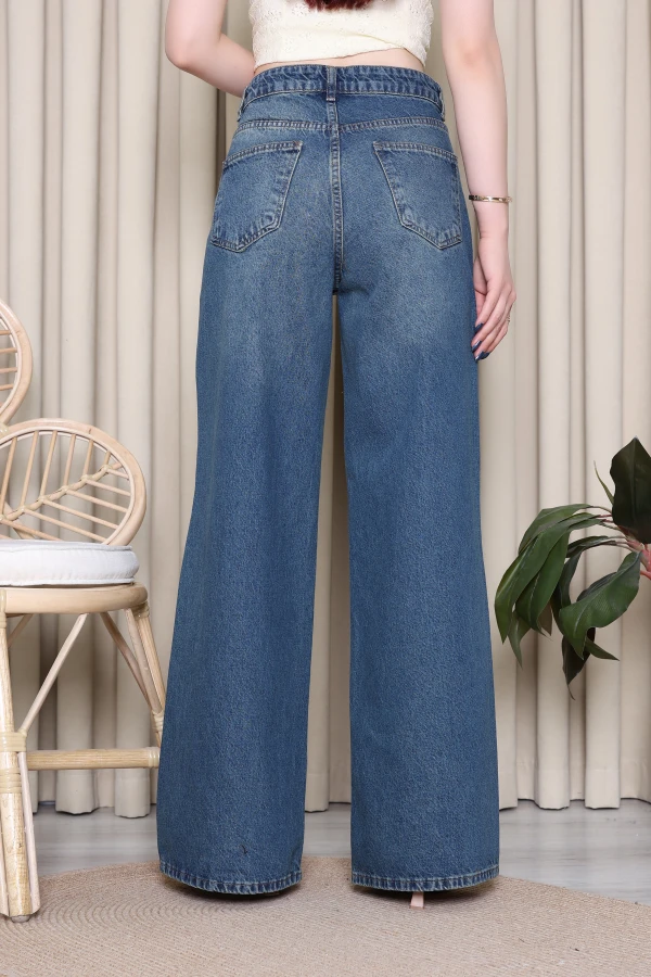 Kadın Koyu Mavi Wide Leg Yüksek Bel Kot Pantolon 7