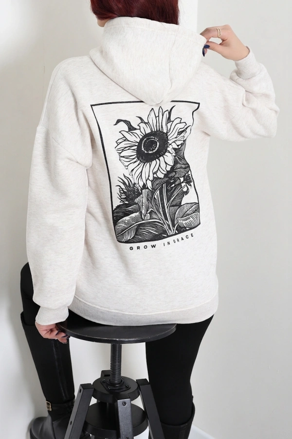 Kadın Bej Kapüşonlu Baskılı Oversize Sweat Tunik 5