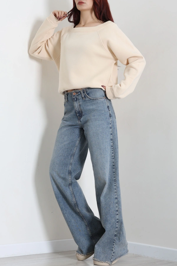 Kadın Bej 3 İplik Şardonlu Kayık Yaka Sweatshirt 6