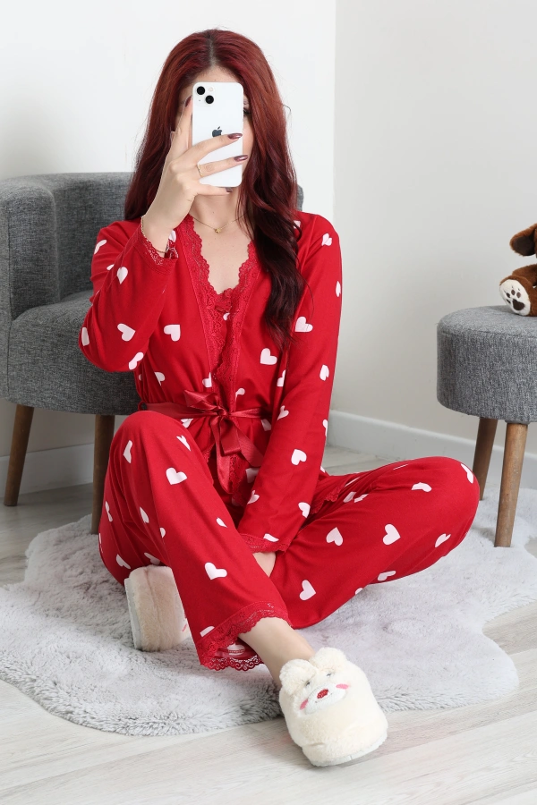 Kadın Kırmızı Beyaz Süet 3'lü Pijama Takımı 3