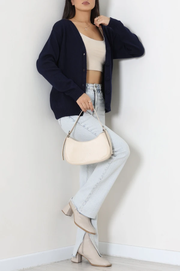 V Yaka Düğmeli Triko Hırka Lacivert 6