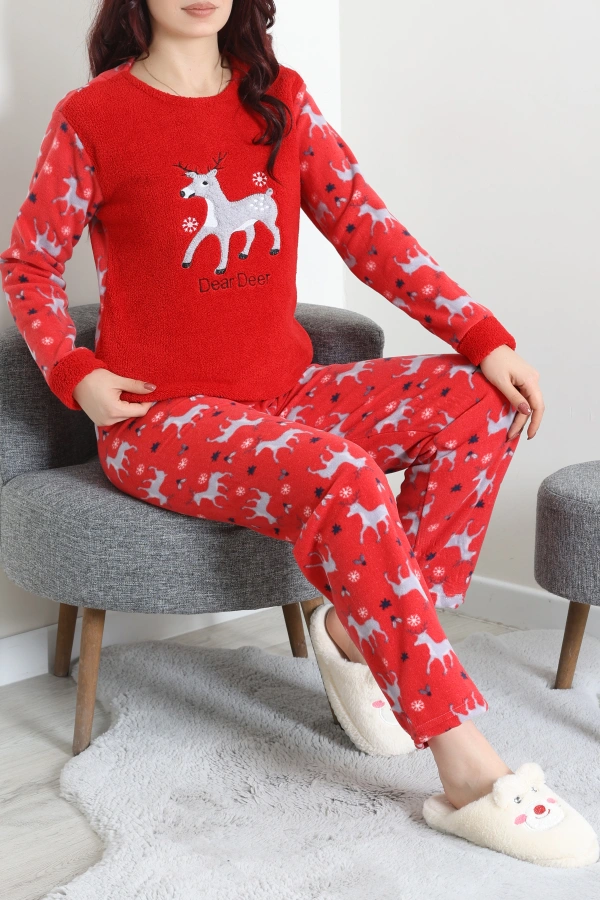 Kadın Kırmızı Welsoft Pijama Takımı Kışlık Rahat Fitilli 6
