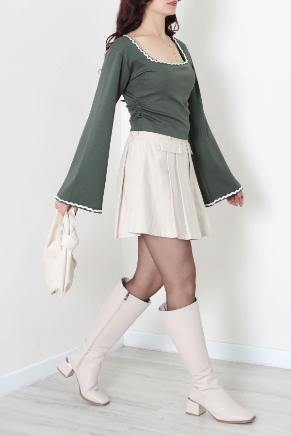 Kimono Kol Biyeli Kare Yaka Modal Bluz Haki 4