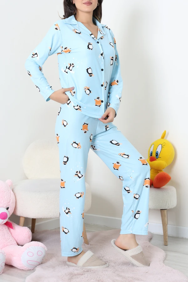 Süet Düğmeli Pijama Takımı Açıkmavi 3