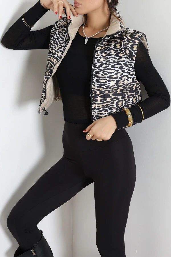 Çift Taraflı Crop Yelek Bejleopar 5