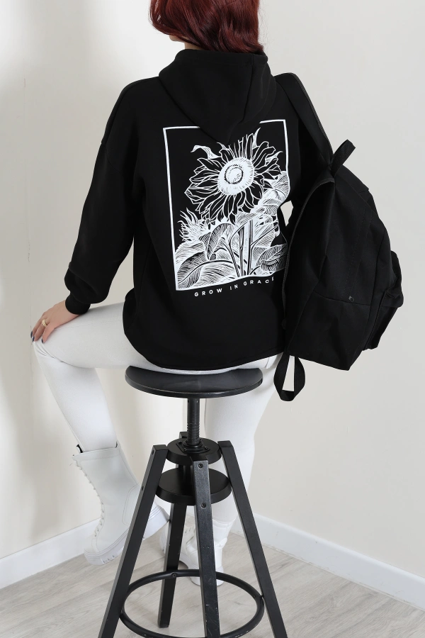 Kadın Siyah Kapüşonlu Baskılı Oversize Sweat 3
