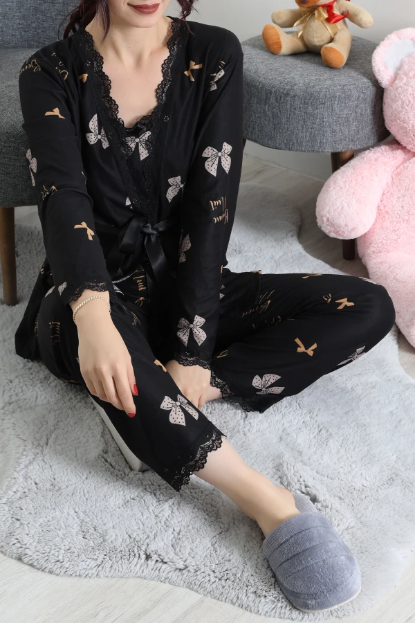 Süet 3'Lü Pijama Set Siyahbej 5
