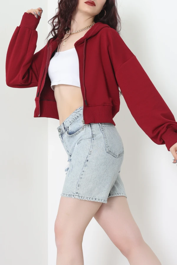 3 İplik Şardonsuz Balon Kol Crop Sweat Bordo 5