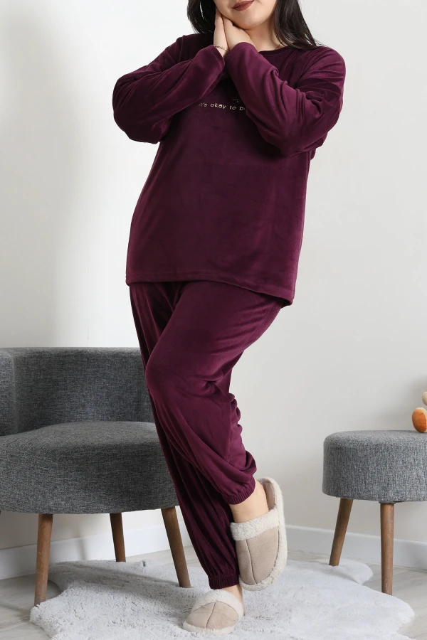 Fransız Kadife Büyük Beden Pijama Takımı Mor 5