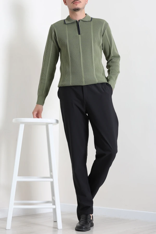 Çizgili Polo Yaka Erkek Triko Sweat Haki 5
