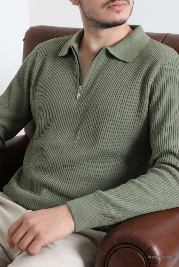 Fermuarlı Polo Yaka Erkek Triko Sweat Haki