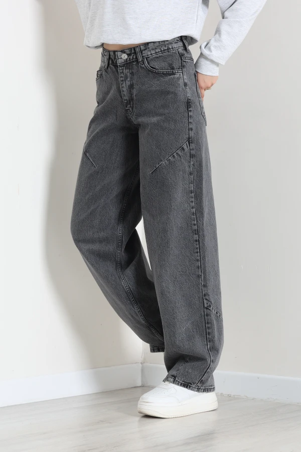 Kadın Füme Dikiş Detaylı Baggy Fit Yüksek Bel Kot Pantolon