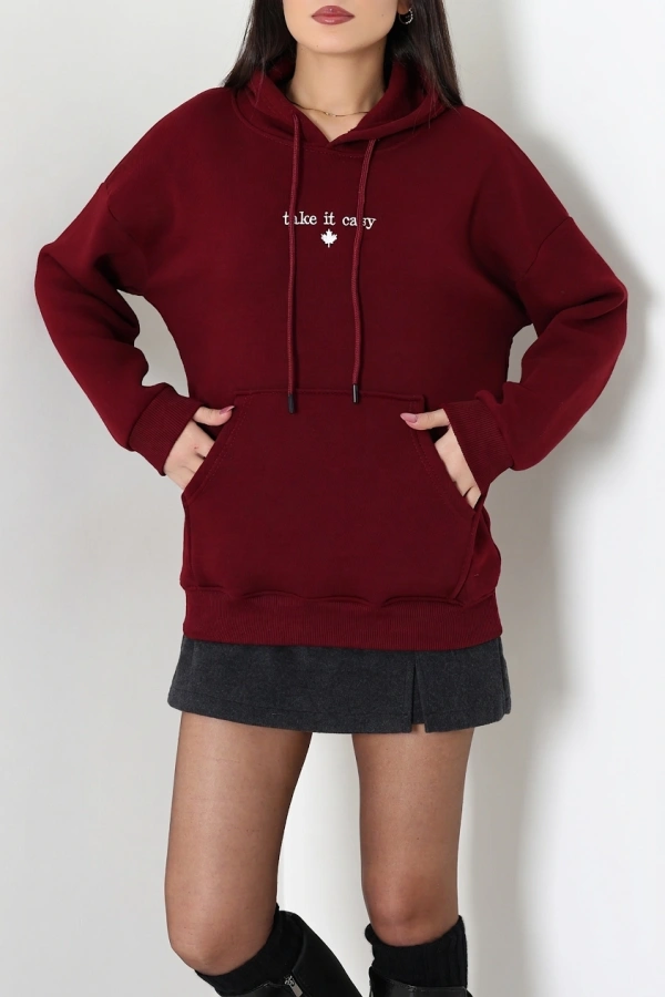 Kadın Bordo Üç İplik Kapüşonlu Nakışlı Sweatshirt 2