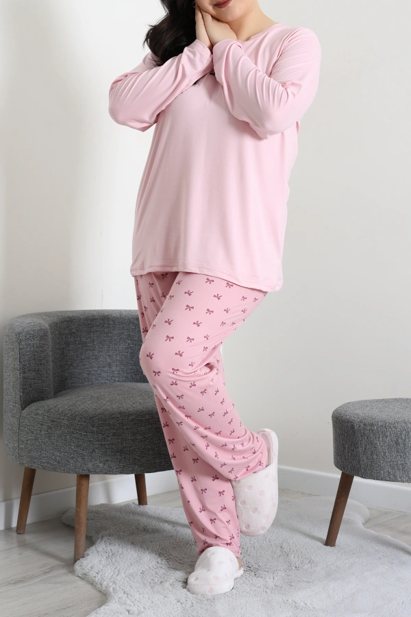 Kadın Pudra Büyük Beden Baskılı Pamuklu Pijama Takımı 4