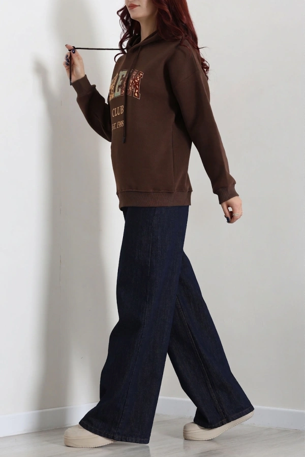 Kadın Kahve Üç İplik Baskılı Kapüşonlu Sweat Tunik 6
