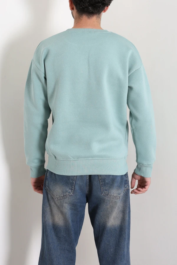 Bisiklet Yaka Baskılı Şardonlu 3 İplik Erkek Sweat Suyeşili 8