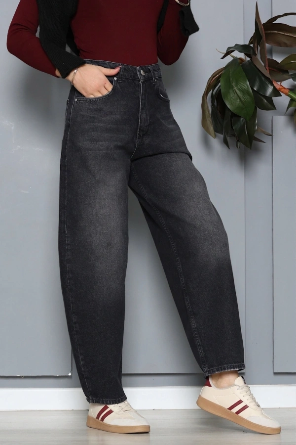 Kadın Koyu Füme Baggy Fit Yüksek Bel Kot Pantolon 4