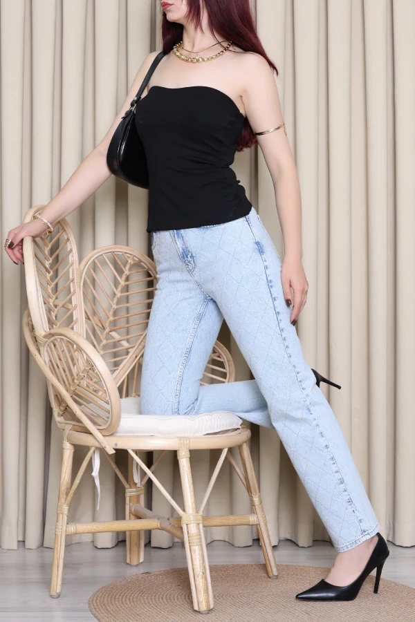 Premium Taşlı Straight Kot Pantolon Buzmavi 4