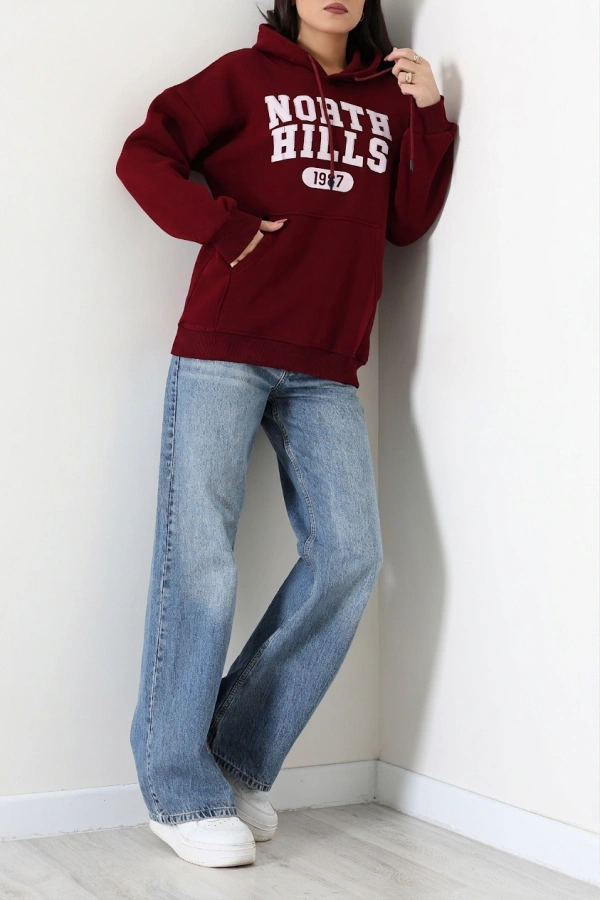 Kadın Bordo Kapüşonlu Baskılı Oversize Sweat Tunik 4