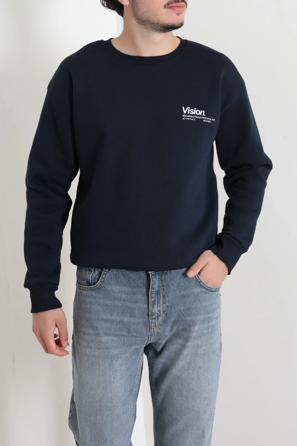 Erkek Lacivert Bisiklet Yaka Baskılı Şardonlu 3 İplik Sweatshirt 5