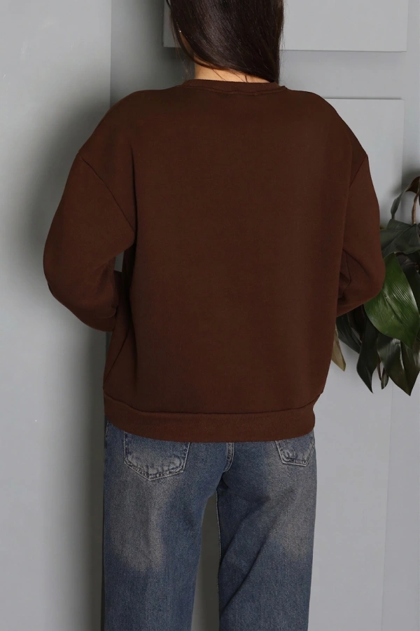 Kadın Kahve 3 İplik Şardonlu Baskılı Sweat Tunik 8