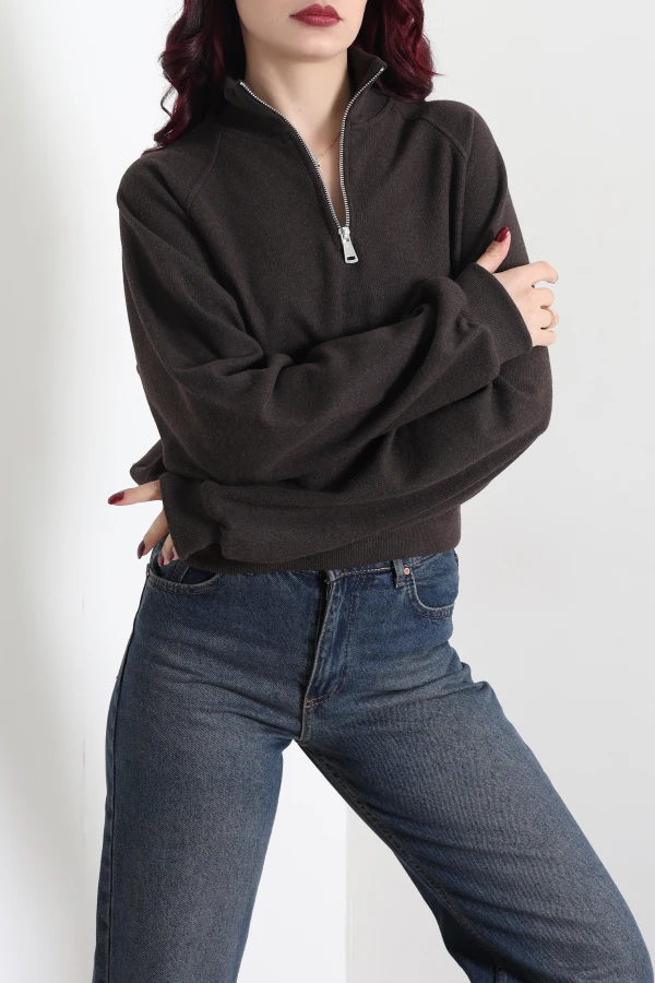 Kadın Kahve Yarasa Kol Oversize Sweat Tunik 3