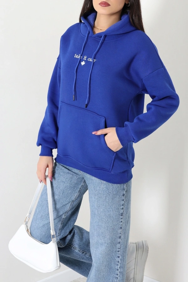 Kadın Saks Üç İplik Kapüşonlu Nakışlı Sweat Tunik 3
