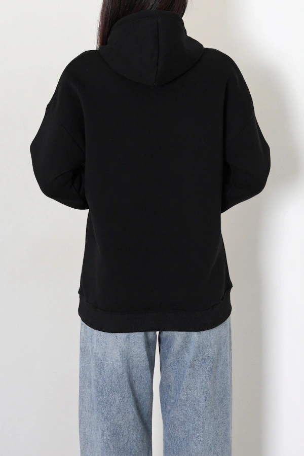 Kadın Siyah Üç İplik Kapüşonlu Nakışlı Sweatshirt Tunik 8
