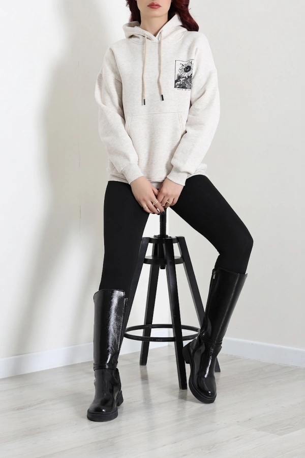 Kadın Bej Kapüşonlu Baskılı Oversize Sweat Tunik 6