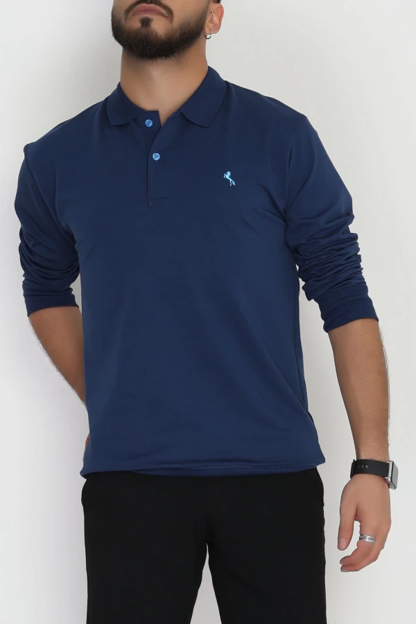 Erkek Lacivert 2 İplik Likralı Polo Yaka Sweatshirt 7