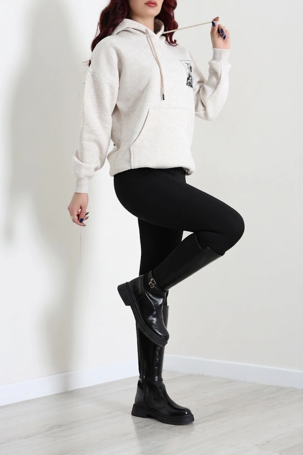 Kadın Bej Kapüşonlu Baskılı Oversize Sweat Tunik 4