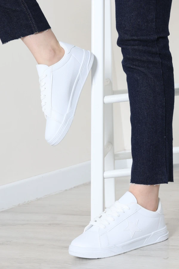 Kadın Beyaz Günlük Spor Ayakkabı Rahat Tabanlı Bağcıklı Sneaker 6