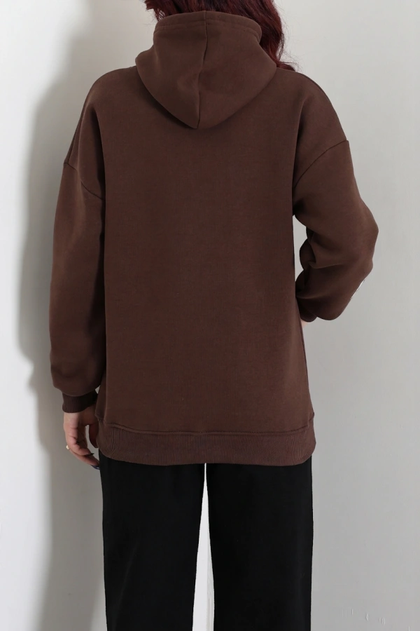 Kadın Kahve Kapüşonlu Baskılı Oversize Sweat Tunik 8