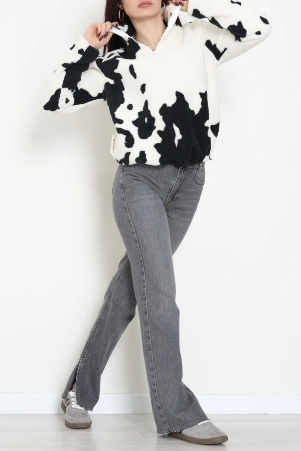 Kadın Ekru Oversize Yarım Fermuarlı Peluş Sweatshirt Tunik 4