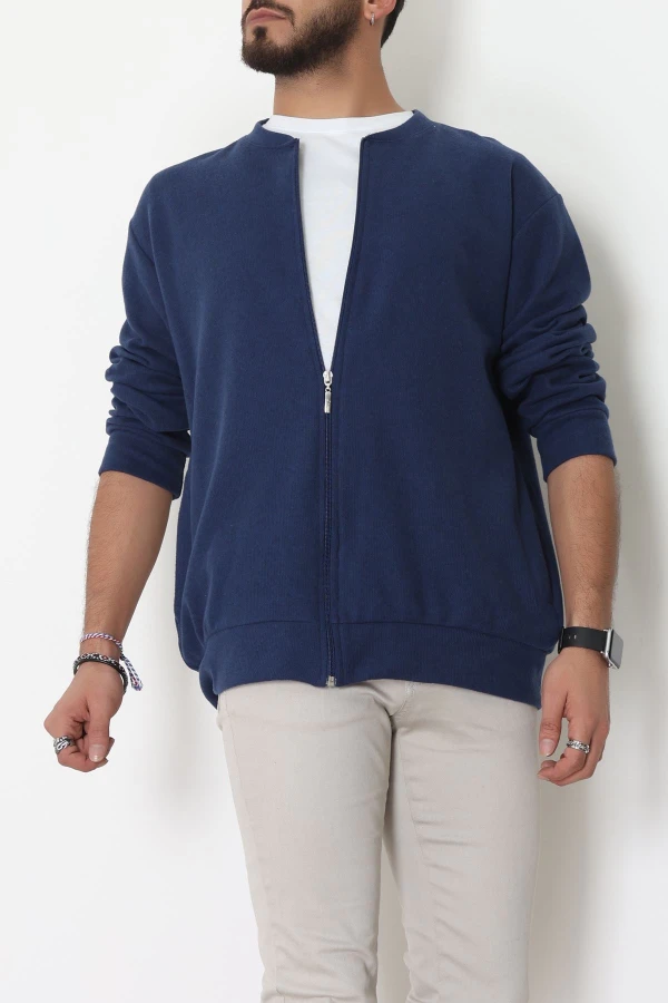 Fermuarlı Selanik Kumaş Erkek Sweat Lacivert 3