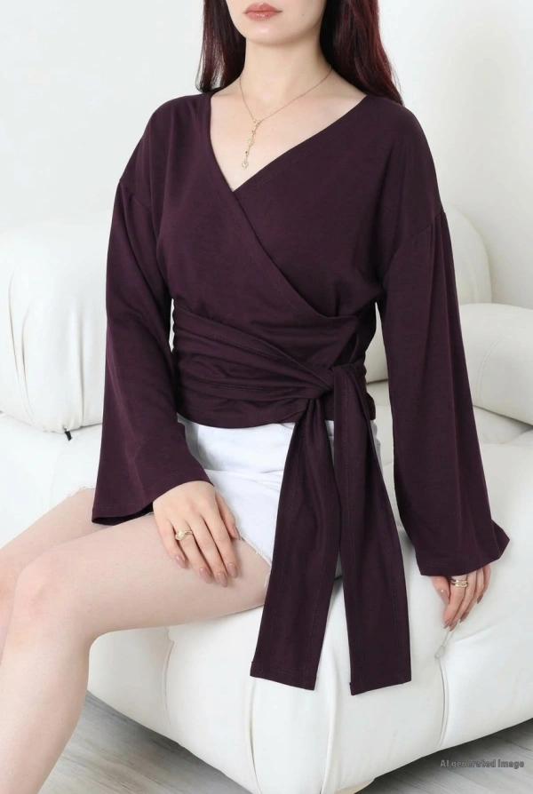 Kruvaze Yaka Bağlamalı Modal Kimono Bluz Mürdüm