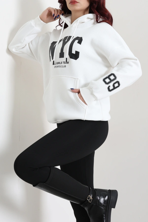 Kadın Ekru Kapüşonlu Baskılı Sweat Tunik 5
