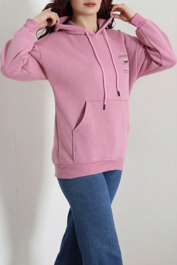 Kadın Pembe Üç İplik Kapüşonlu Baskılı Sweat Tunik 5