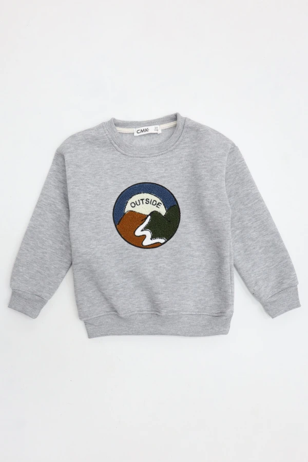 Şardonlu Erkek Çocuk Nakışlı Sweat Gri 4