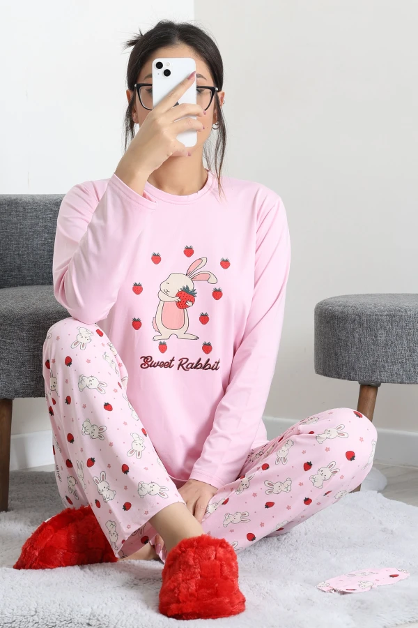 Kadın Pembe Pijama Takımı Rahat Kalıp Pamuklu İkili Takım 4