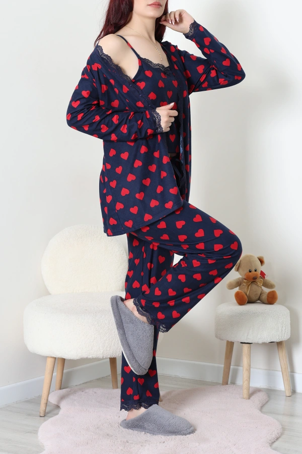 Süet 3'Lü Pijama Set Lacivertkırmızı 4