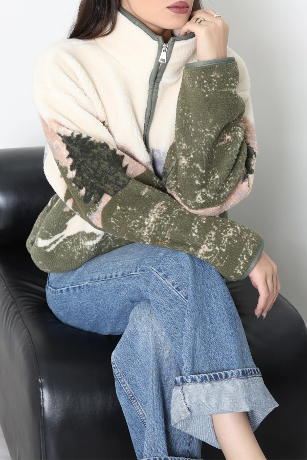 Kadın Bej Baskılı Peluş Sweat Ceket Yelek 2