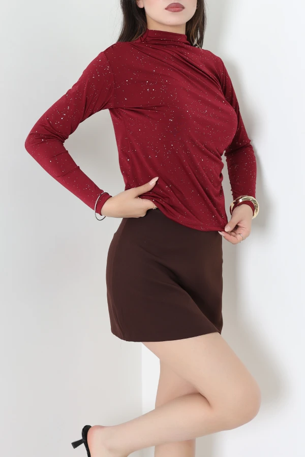 Dik Yaka Drapeli Simli Sandy Bluz Bordo 3