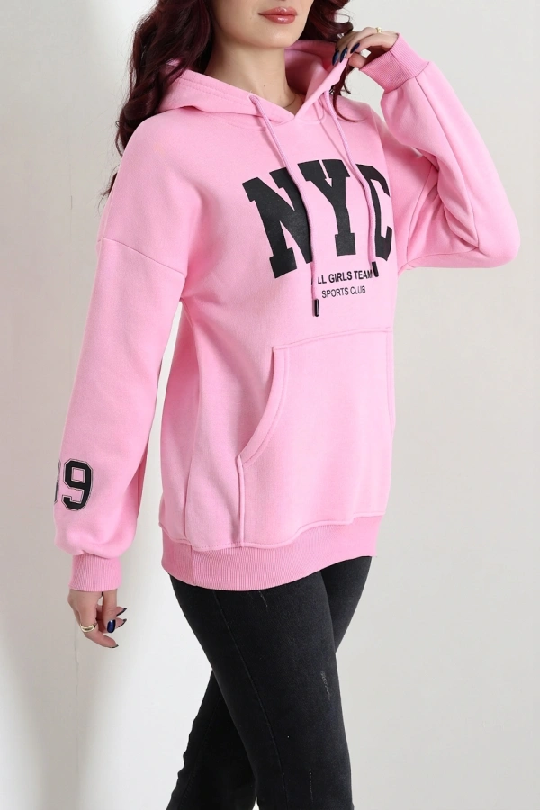 Kadın Pembe Kapüşonlu Baskılı Oversize Sweat Tunik 5