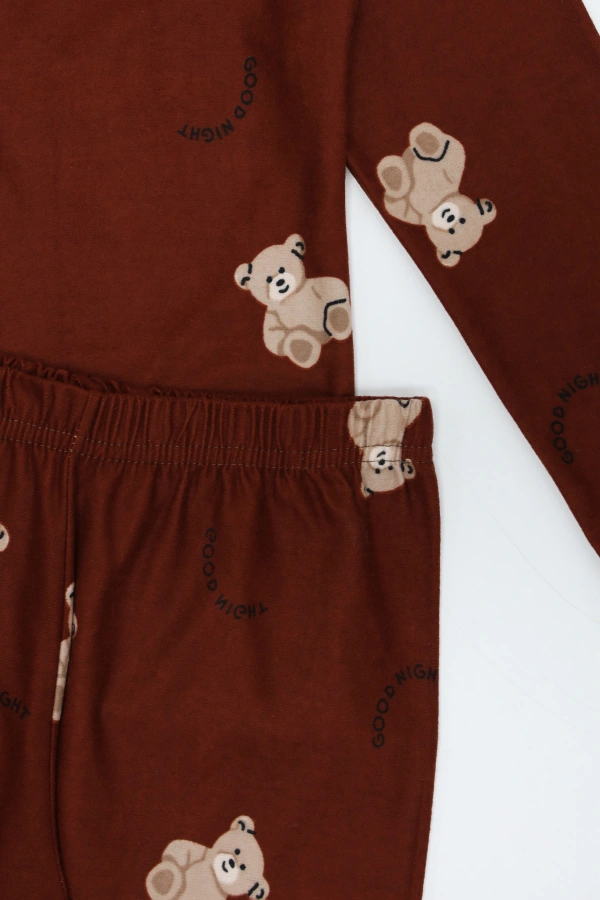 5-12 Yaş Baskılı Süet Düğmeli Çocuk Pijama Takımı Kiremit 6