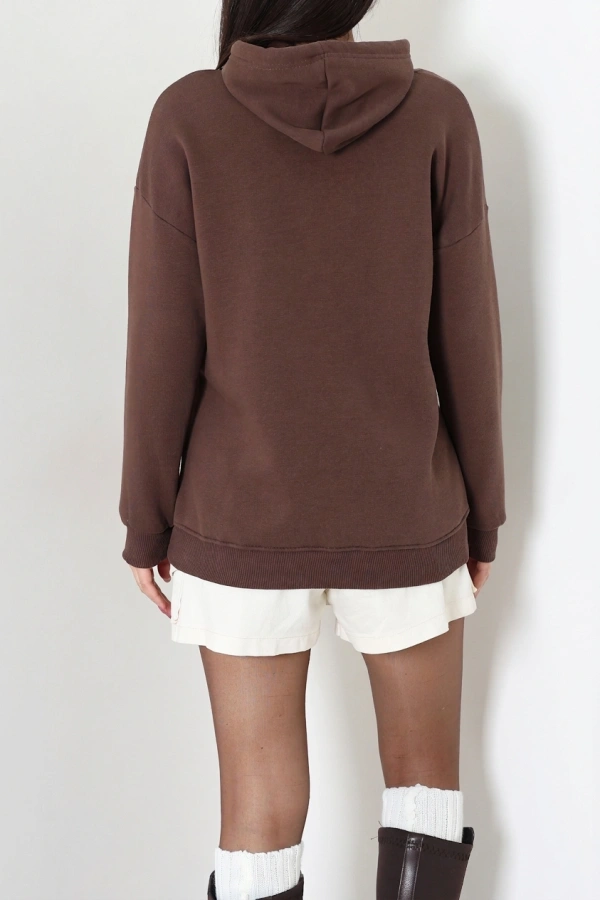 Kadın Kahve Üç İplik Kapüşonlu Nakışlı Sweatshirt Tunik 9
