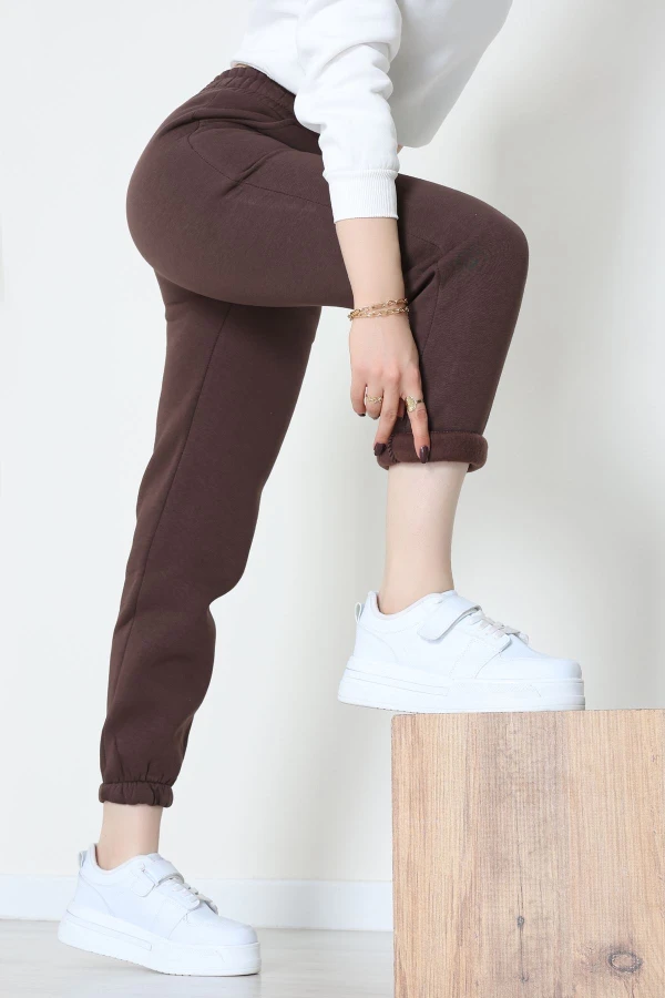 Paça Lastikli 3 İplik Eşofman Altı Kahve 7
