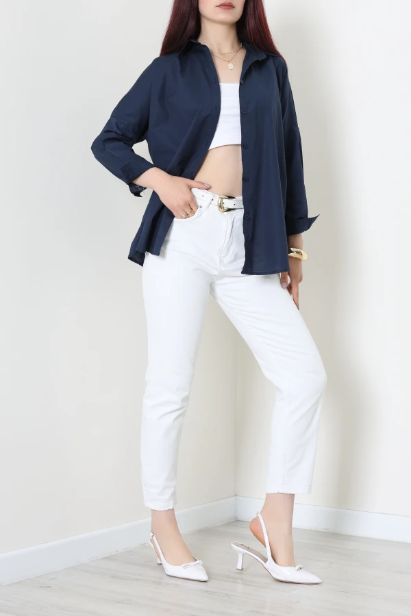 Oversize Poplin Gömlek Lacivert 4