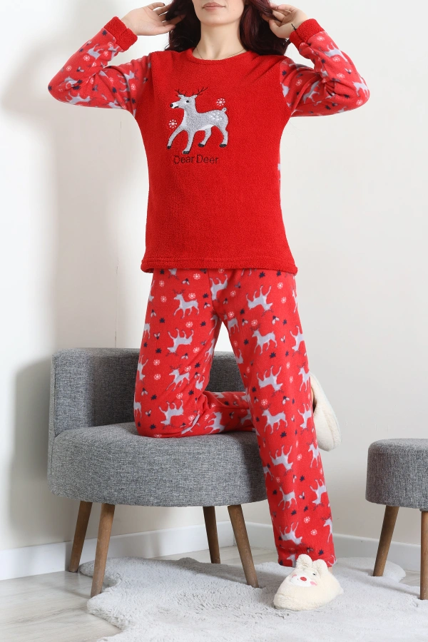 Kadın Kırmızı Welsoft Pijama Takımı Kışlık Rahat Fitilli 5